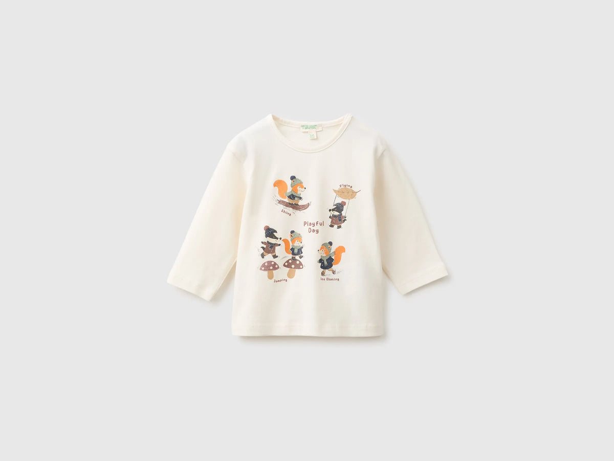 Benetton Creamy White Unisex Organic Cotton Printed T-Shirt SKU: 3ATNA107H_902 Image 01