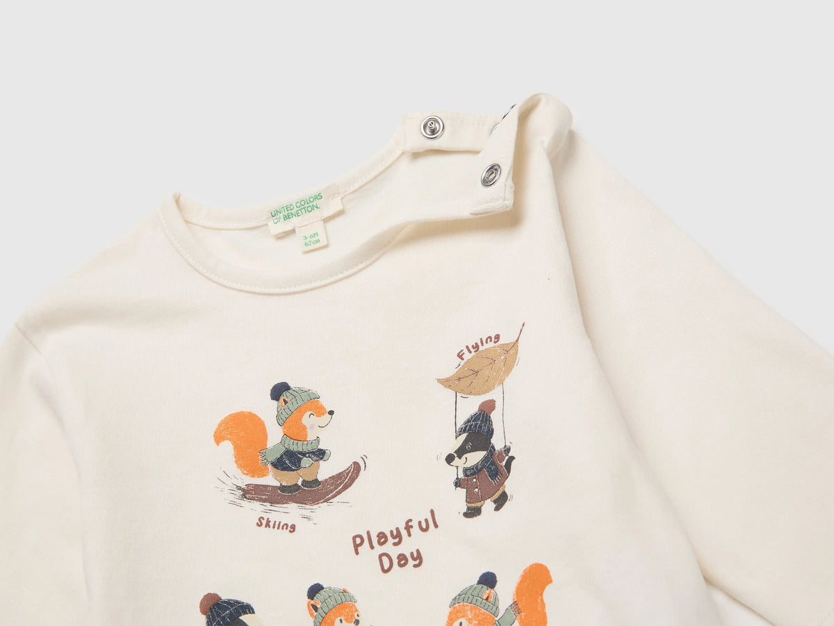 Benetton Creamy White Unisex Organic Cotton Printed T-Shirt SKU: 3ATNA107H_902 Image 03