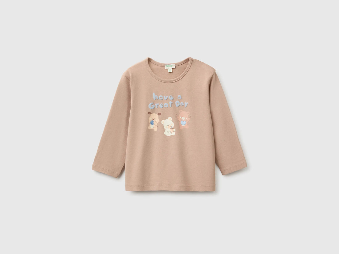 Benetton Dove Gray New Born Organic Cotton Printed T-Shirt SKU: 3ATNA107H_903 Image 01