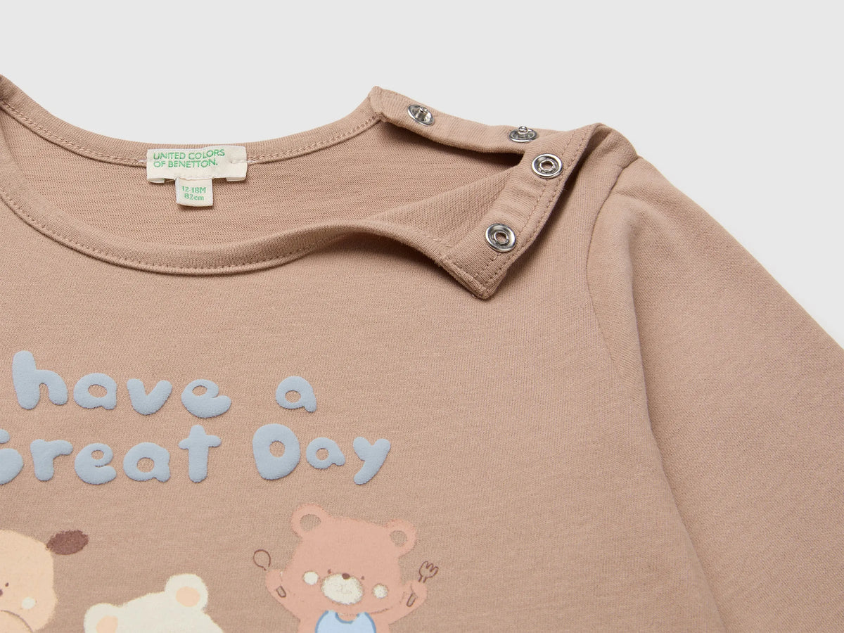 Benetton Dove Gray New Born Organic Cotton Printed T-Shirt SKU: 3ATNA107H_903 Image 03