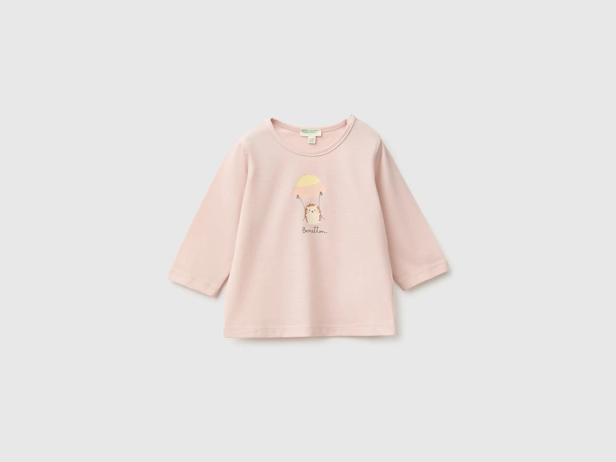 Benetton Soft Pink Girl Organic Cotton Printed T-Shirt SKU: 3ATNA107I_08Q Image 01