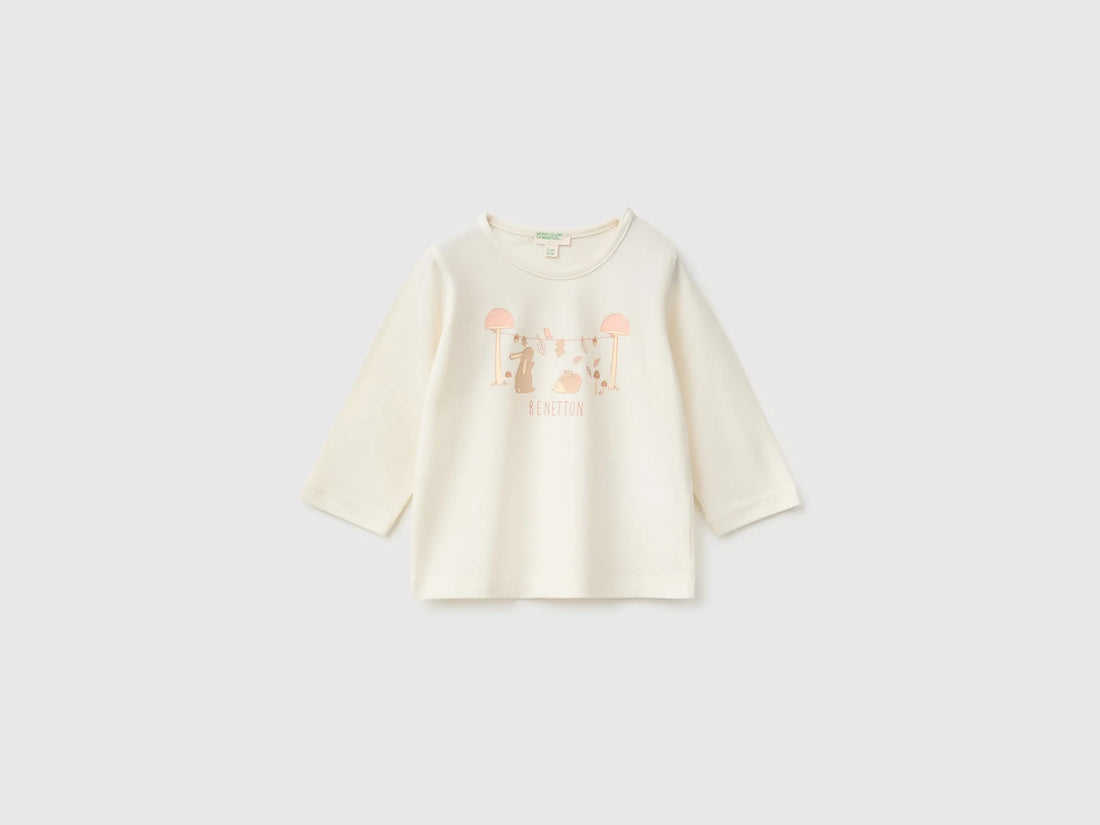 Benetton Creamy White Girl Organic Cotton Printed T-Shirt SKU: 3ATNA107I_0R2 Image 01