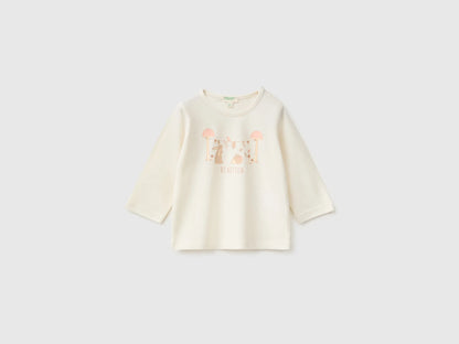 Benetton Creamy White Girl Organic Cotton Printed T-Shirt SKU: 3ATNA107I_0R2 Image 01