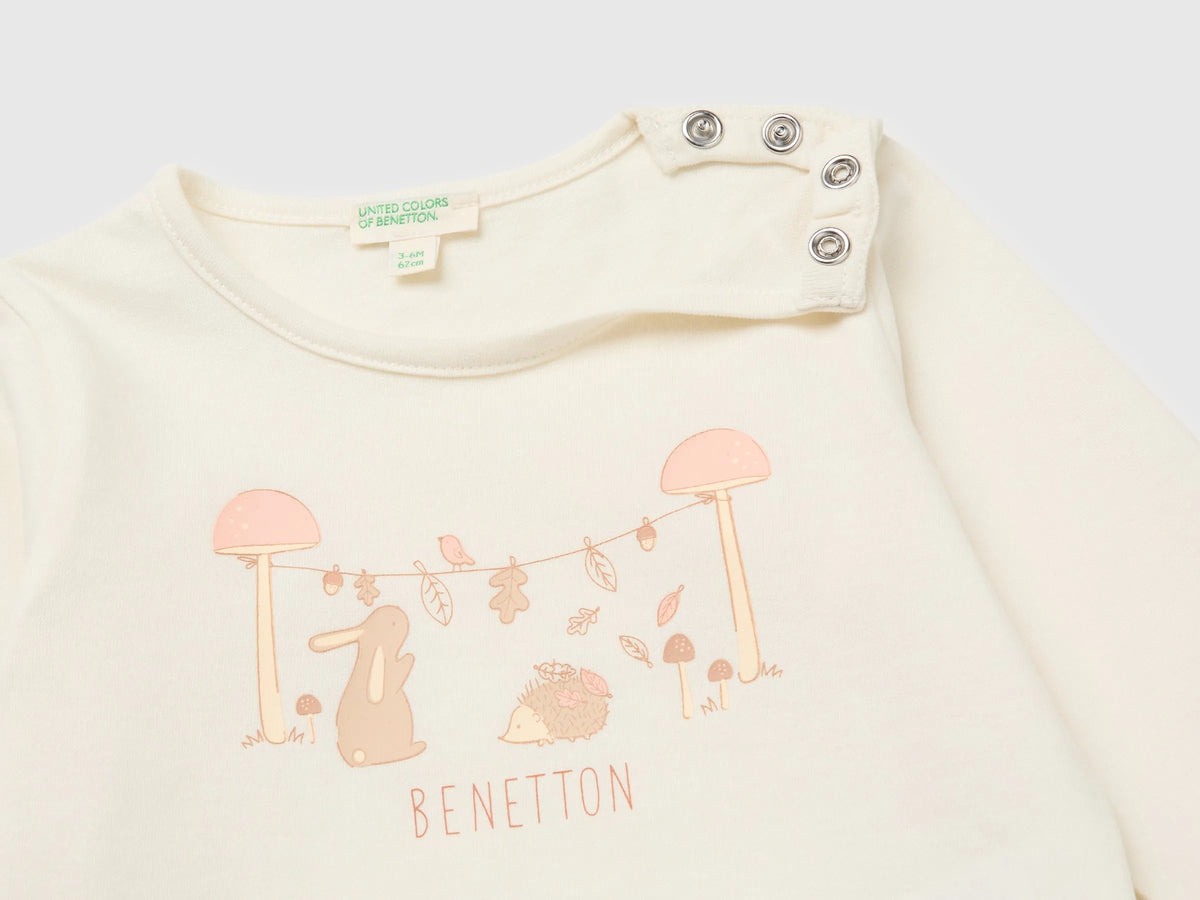 Benetton Creamy White Girl Organic Cotton Printed T-Shirt SKU: 3ATNA107I_0R2 Image 03