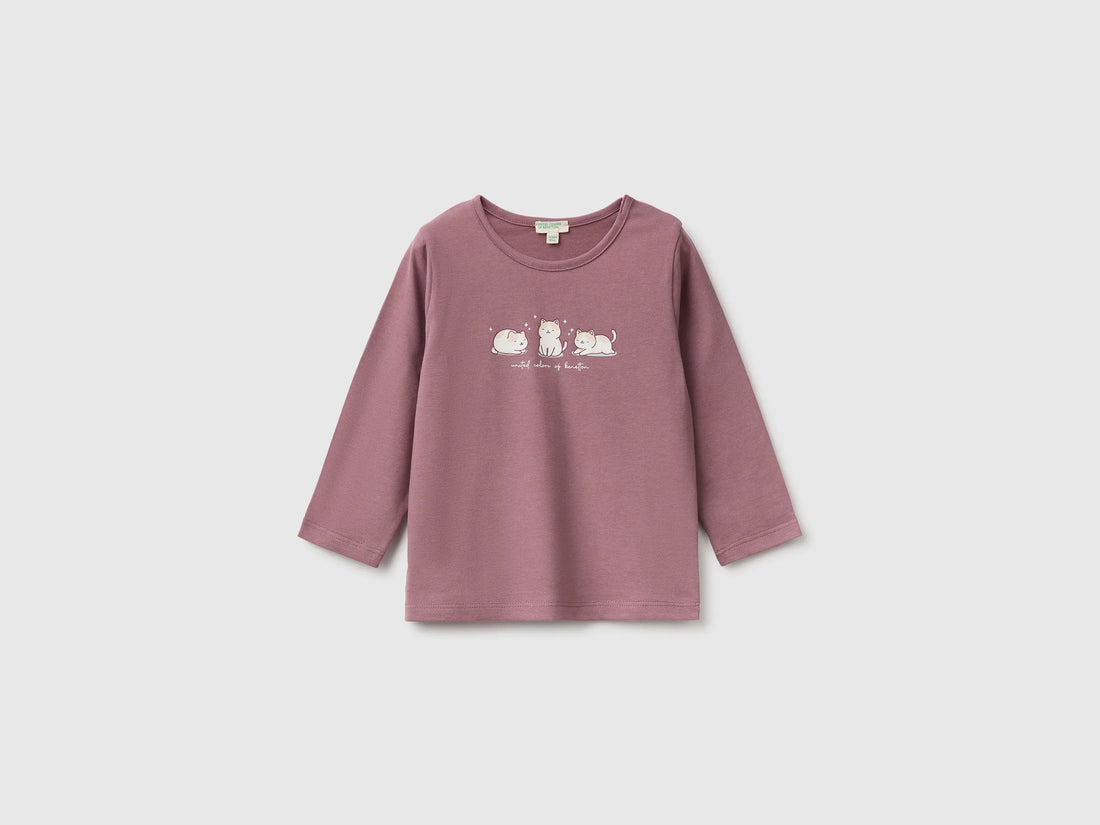 Benetton Mauve Girl Organic Cotton Printed T-Shirt SKU: 3ATNA107I_25N Image 01