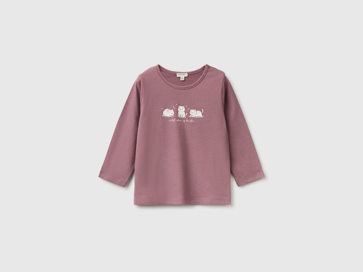 Benetton Mauve Girl Organic Cotton Printed T-Shirt SKU: 3ATNA107I_25N Image 01