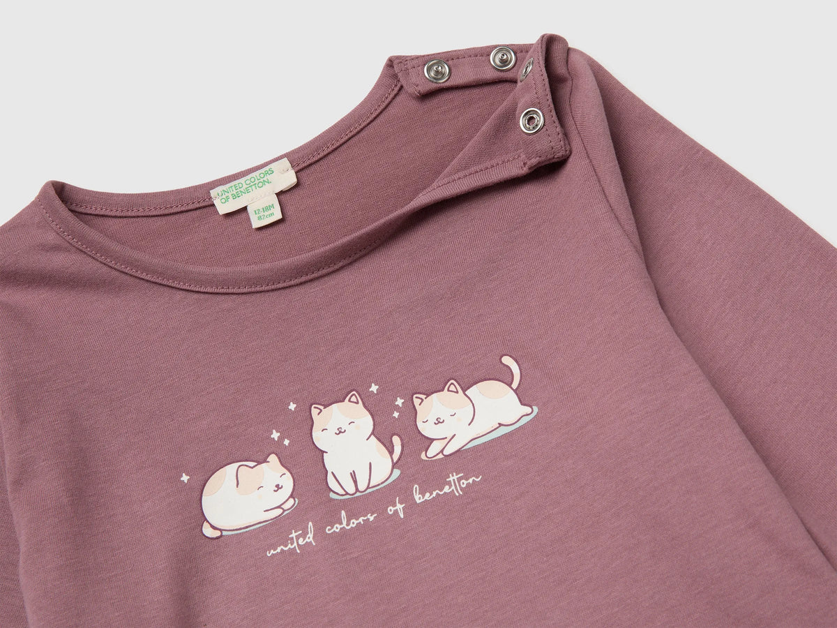 Benetton Mauve Girl Organic Cotton Printed T-Shirt SKU: 3ATNA107I_25N Image 03