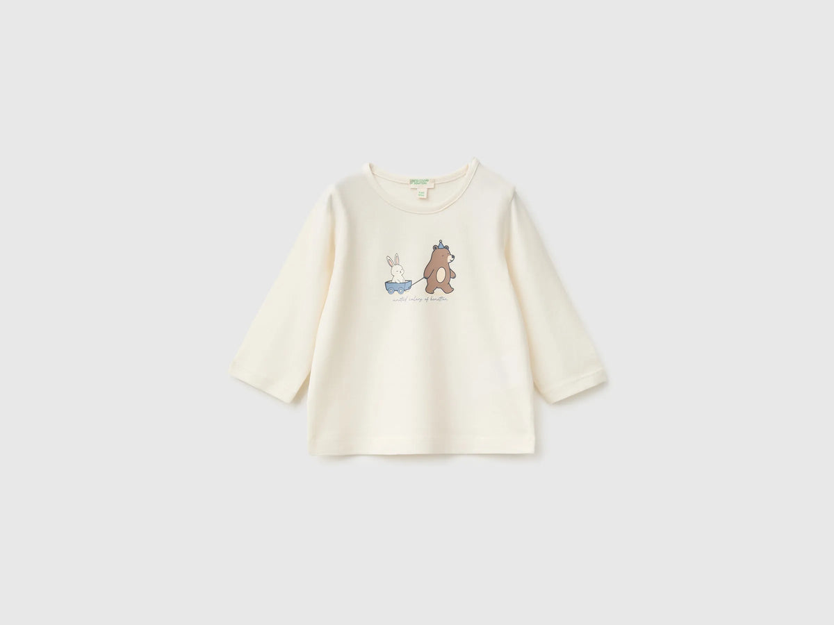 Benetton Creamy White Unisex Organic Cotton Printed T-Shirt SKU: 3ATNA107I_901 Image 01