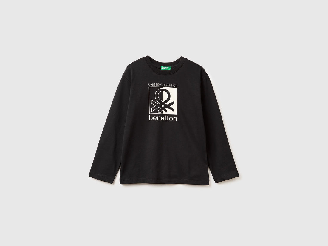 Benetton_Black_Warm T-Shirt with Logo Print_3ATNC10QU_100_01