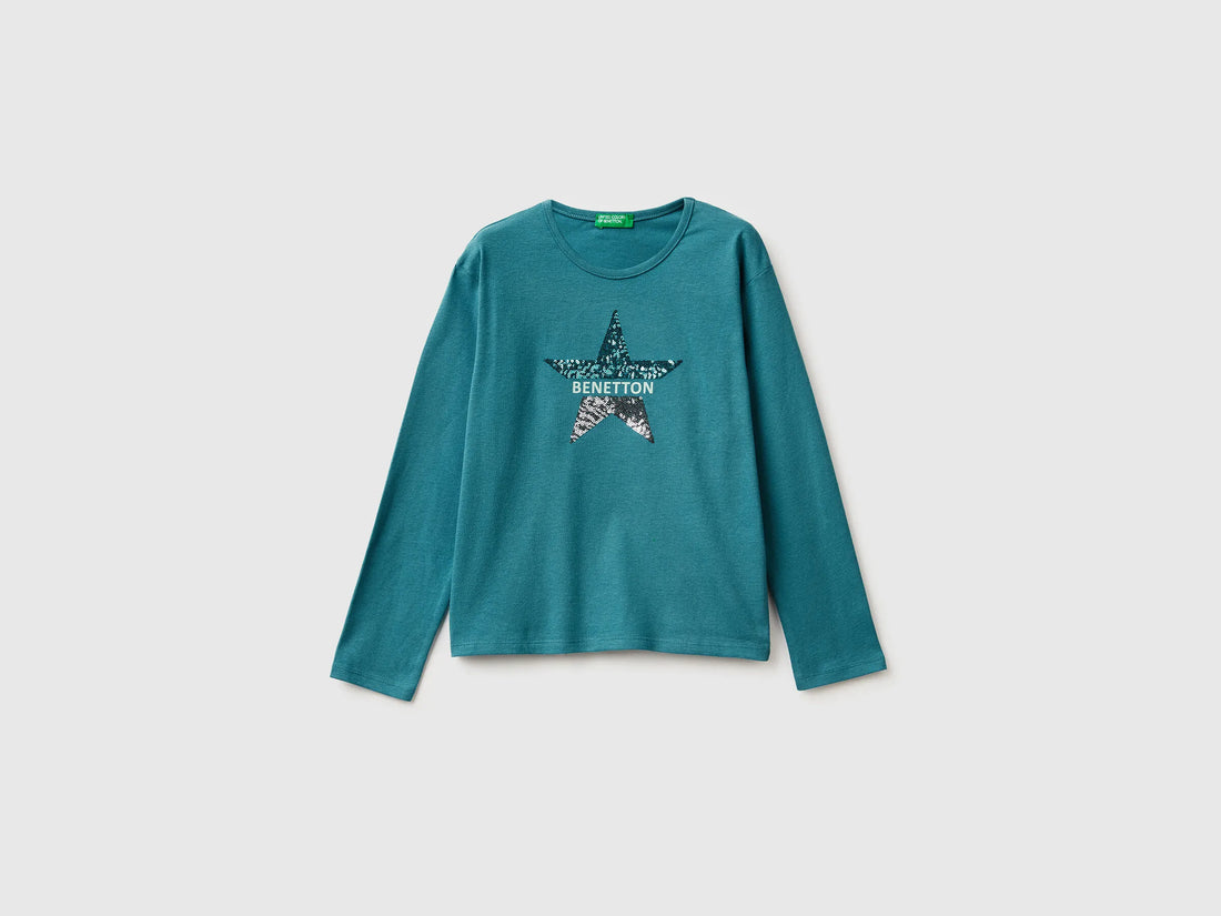 Benetton_Turquoise_T-Shirt in Warm Cotton with Sequins_3ATNC10RG_2H6_01