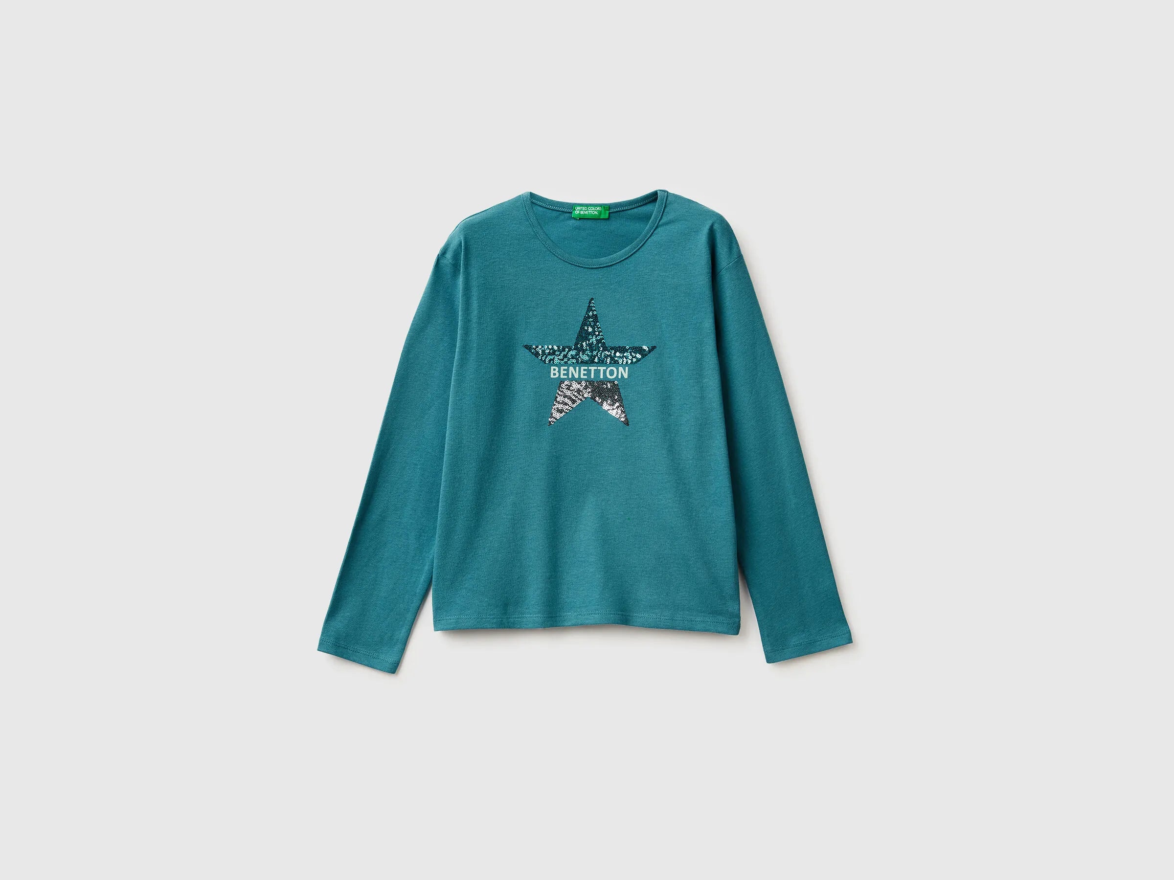 Benetton_Turquoise_T-Shirt in Warm Cotton with Sequins_3ATNC10RG_2H6_01