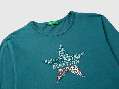 Benetton_Turquoise_T-Shirt in Warm Cotton with Sequins_3ATNC10RG_2H6_03
