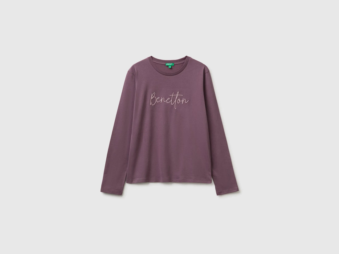 Benetton Plum Girls Long-Sleeved T-Shirt with Embroidery SKU: 3ATNC10U8_048 Image 01