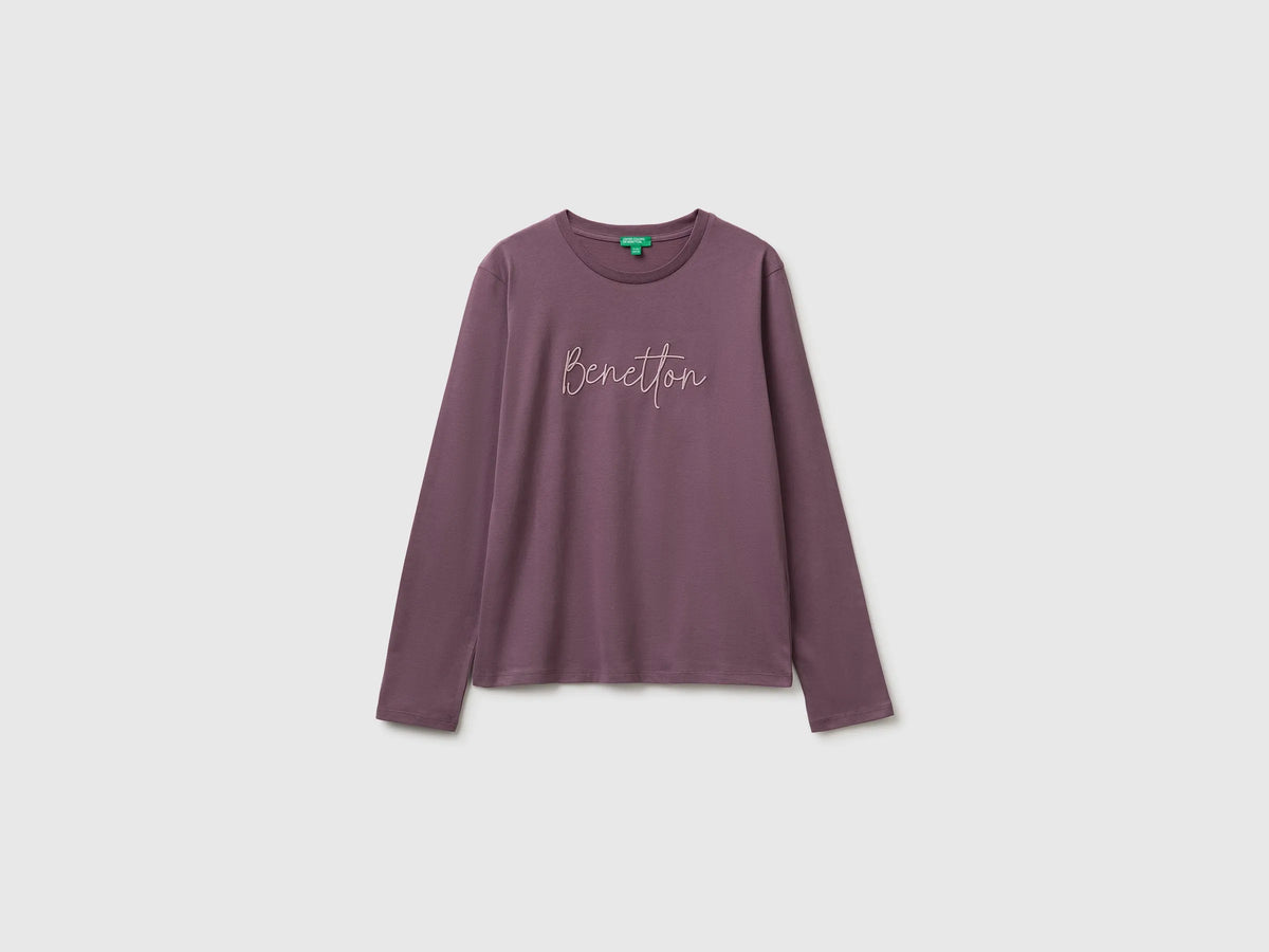 Benetton Plum Girls Long-Sleeved T-Shirt with Embroidery SKU: 3ATNC10U8_048 Image 01