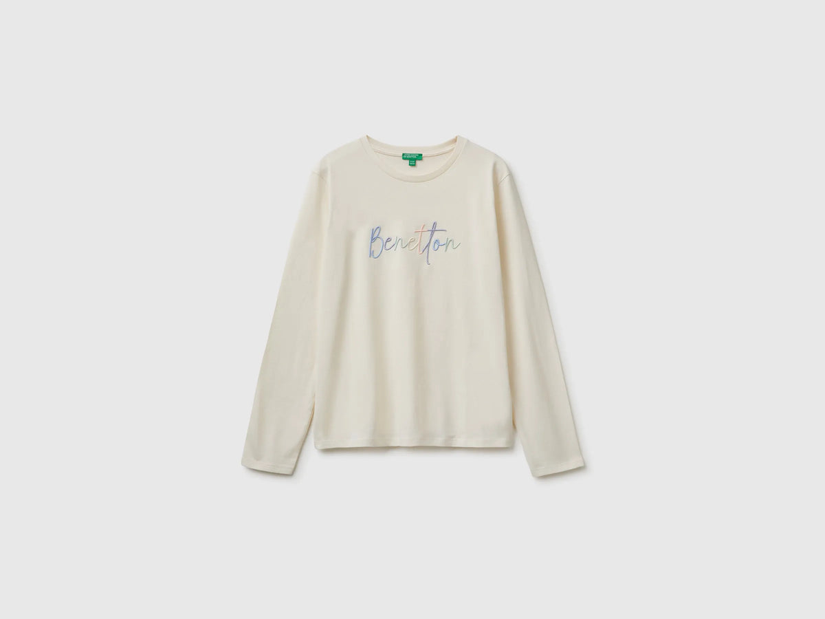 Benetton Creamy White Girls Long-Sleeved T-Shirt with Embroidery SKU: 3ATNC10U8_0R2 Image 01