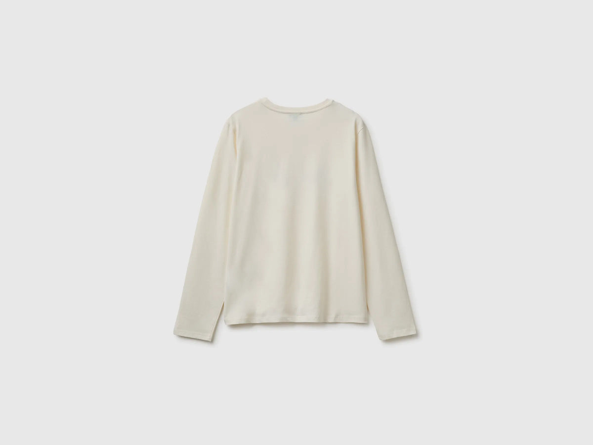 Benetton Creamy White Girls Long-Sleeved T-Shirt with Embroidery SKU: 3ATNC10U8_0R2 Image 02
