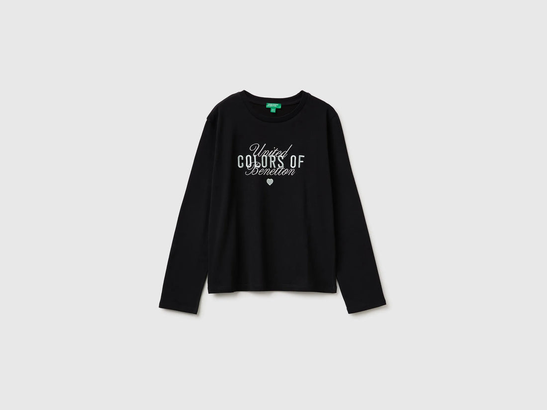 Benetton Black Girls Long-Sleeved T-Shirt with Embroidery SKU: 3ATNC10U8_100 Image 01