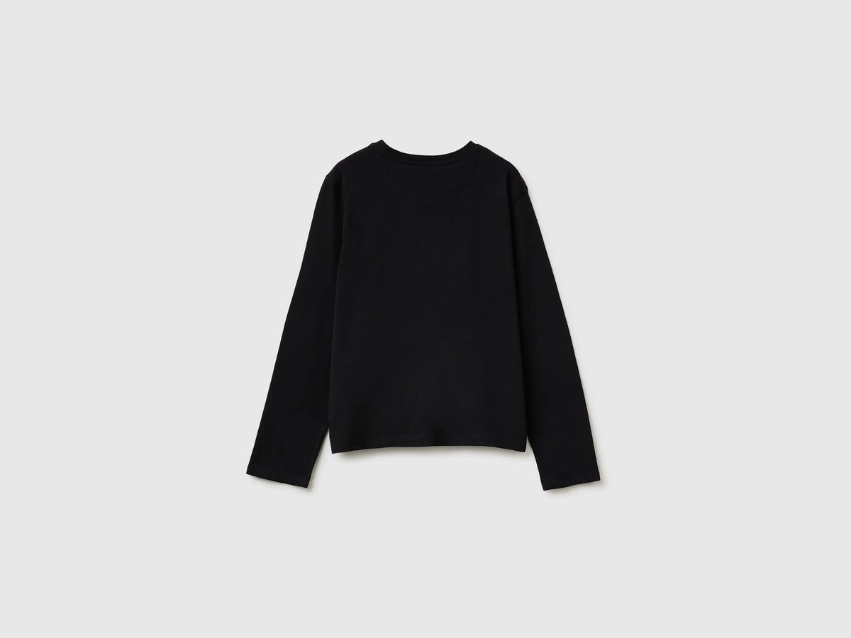 Benetton Black Girls Long-Sleeved T-Shirt with Embroidery SKU: 3ATNC10U8_100 Image 02