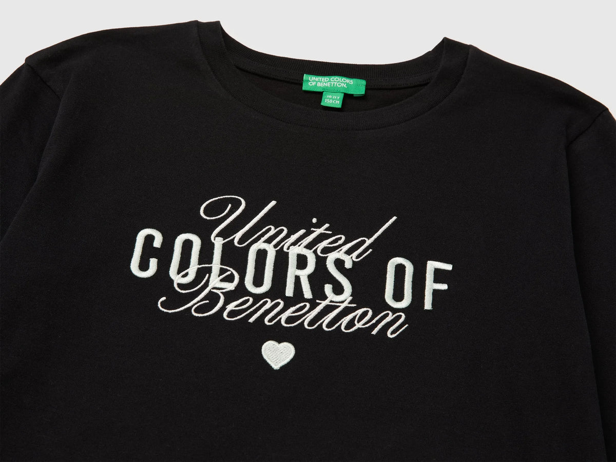Benetton Black Girls Long-Sleeved T-Shirt with Embroidery SKU: 3ATNC10U8_100 Image 03