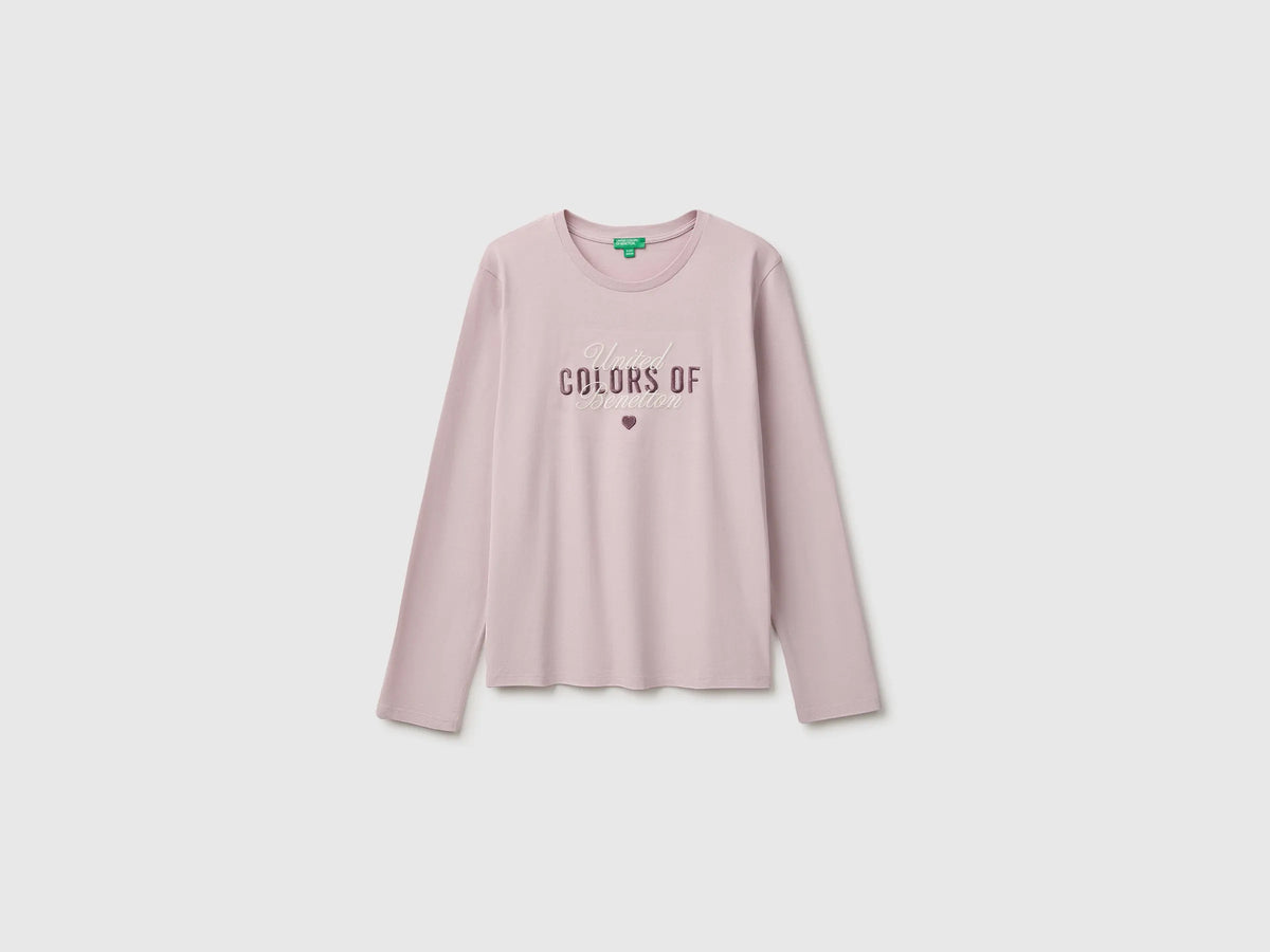 Benetton Pink Girls Long-Sleeved T-Shirt with Embroidery SKU: 3ATNC10U8_197 Image 01