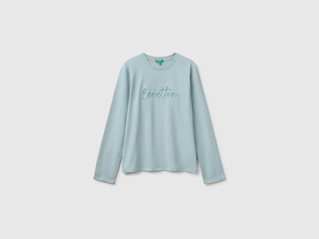 Benetton Aqua Girls Long-Sleeved T-Shirt with Embroidery SKU: 3ATNC10U8_31A Image 01