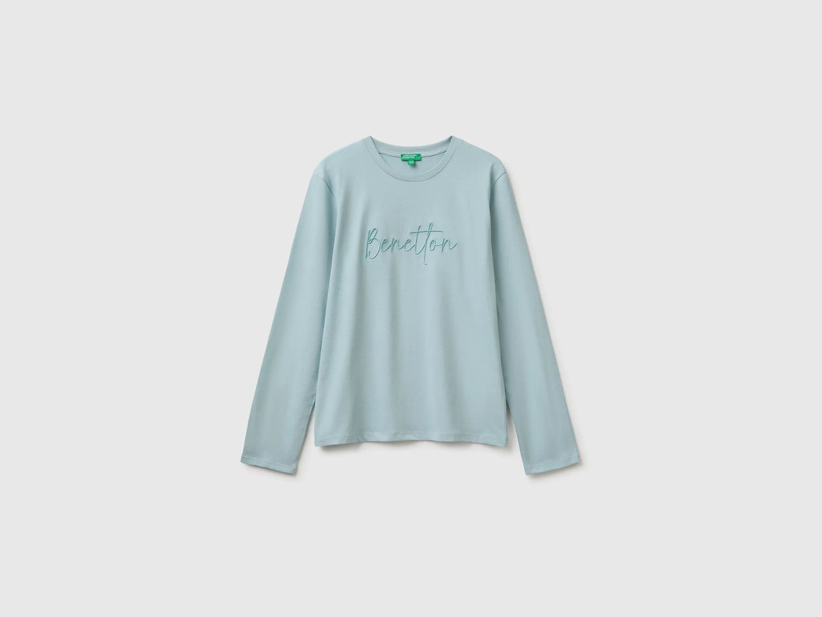 Benetton Aqua Girls Long-Sleeved T-Shirt with Embroidery SKU: 3ATNC10U8_31A Image 01