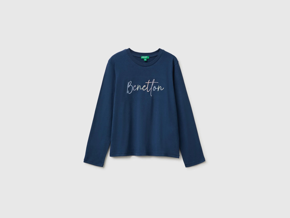 Benetton Blue Girls Long-Sleeved T-Shirt with Embroidery SKU: 3ATNC10U8_355 Image 01