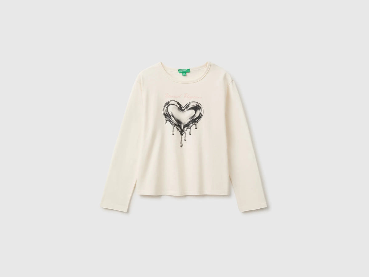 Benetton Creamy White Girls 100% Organic Cotton T-Shirt with Print SKU: 3ATNC10UA_0R2 Image 01