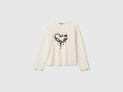 Benetton Creamy White Girls 100% Organic Cotton T-Shirt with Print SKU: 3ATNC10UA_0R2 Image 01
