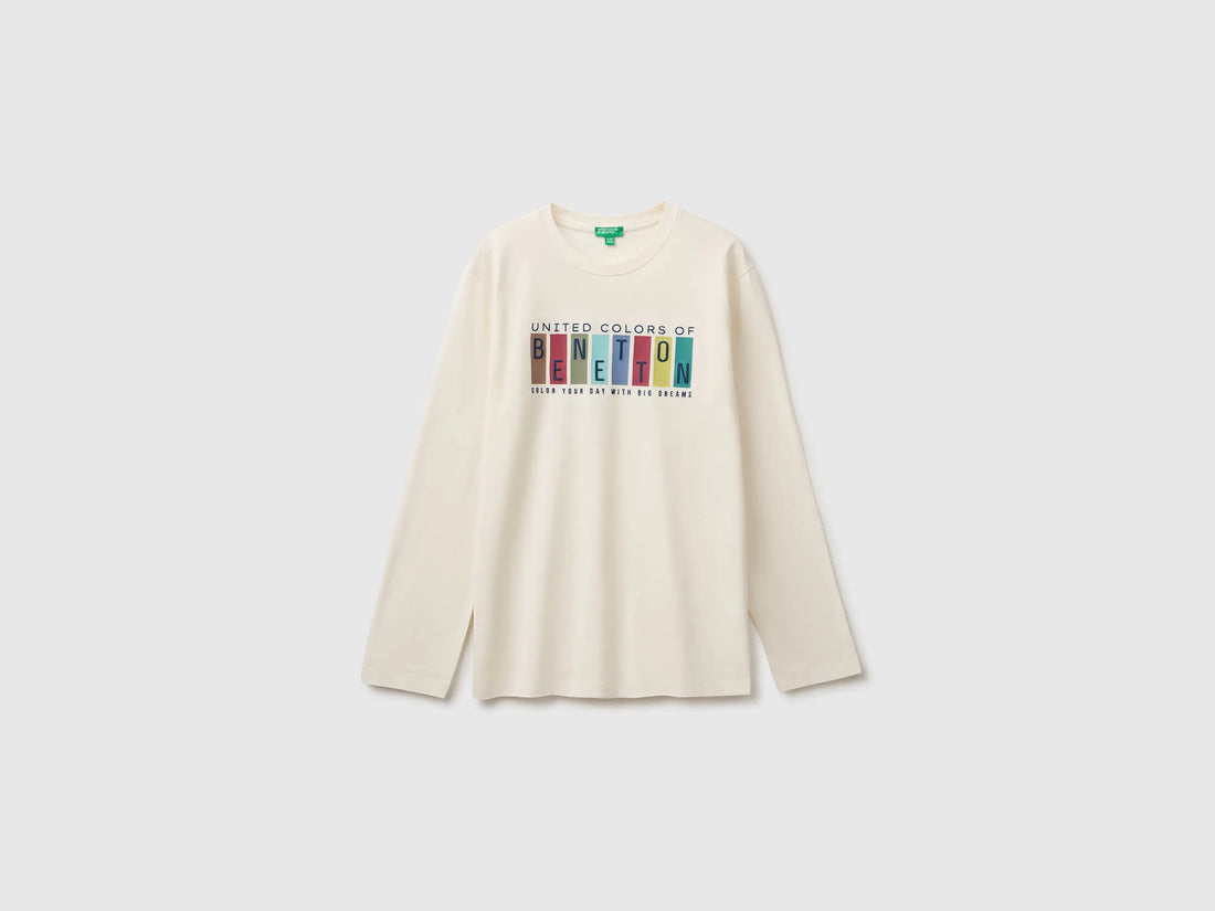 Benetton Creamy White Boys T-Shirt with Print and Embroidery SKU: 3ATNC10UD_0R2 Image 01
