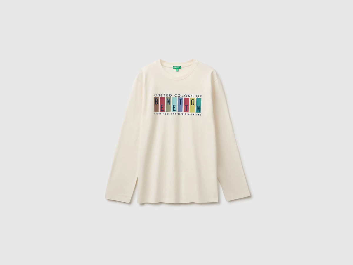 Benetton Creamy White Boys T-Shirt with Print and Embroidery SKU: 3ATNC10UD_0R2 Image 01