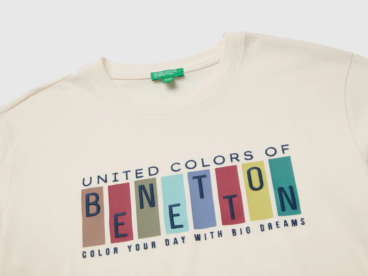 Benetton Creamy White Boys T-Shirt with Print and Embroidery SKU: 3ATNC10UD_0R2 Image 03