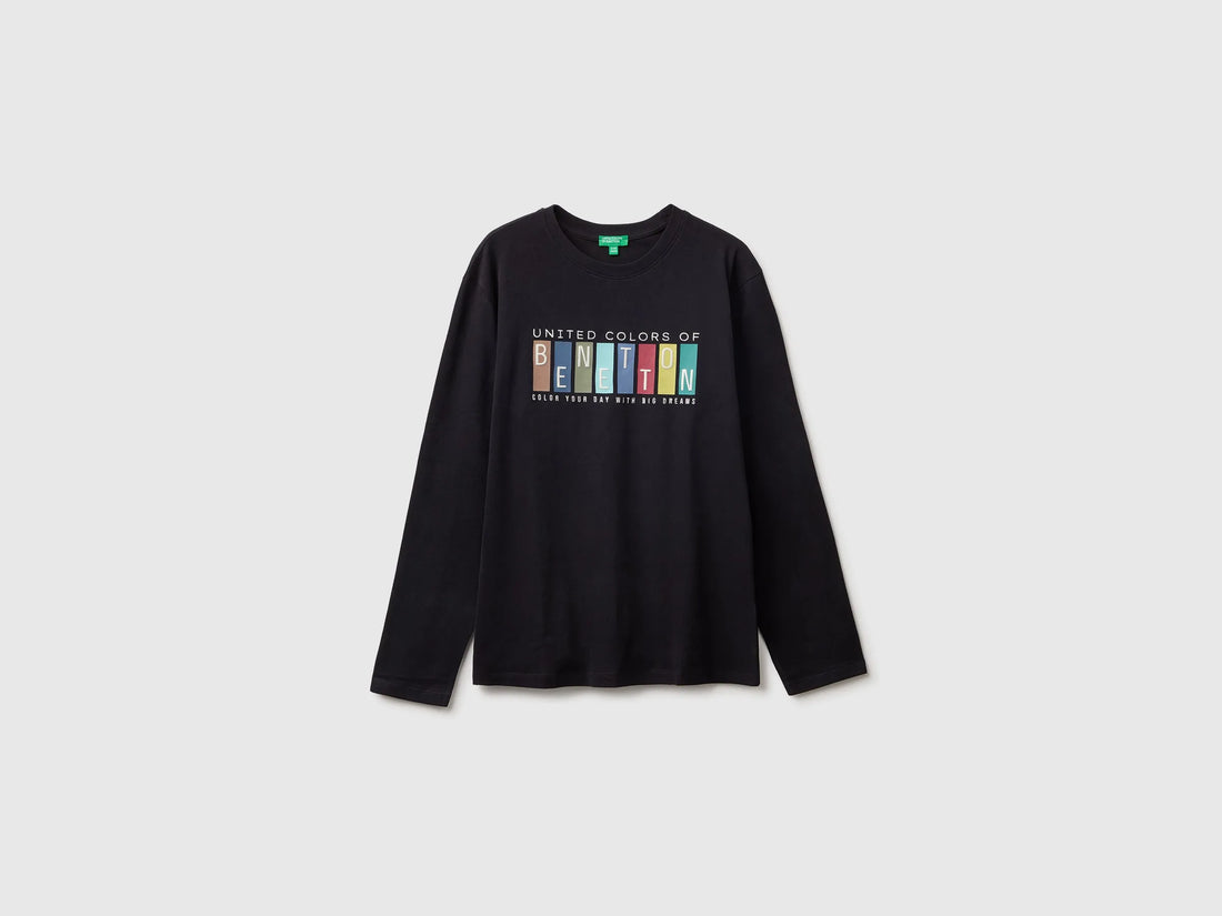 Benetton Black Boys T-Shirt with Print and Embroidery SKU: 3ATNC10UD_100 Image 01