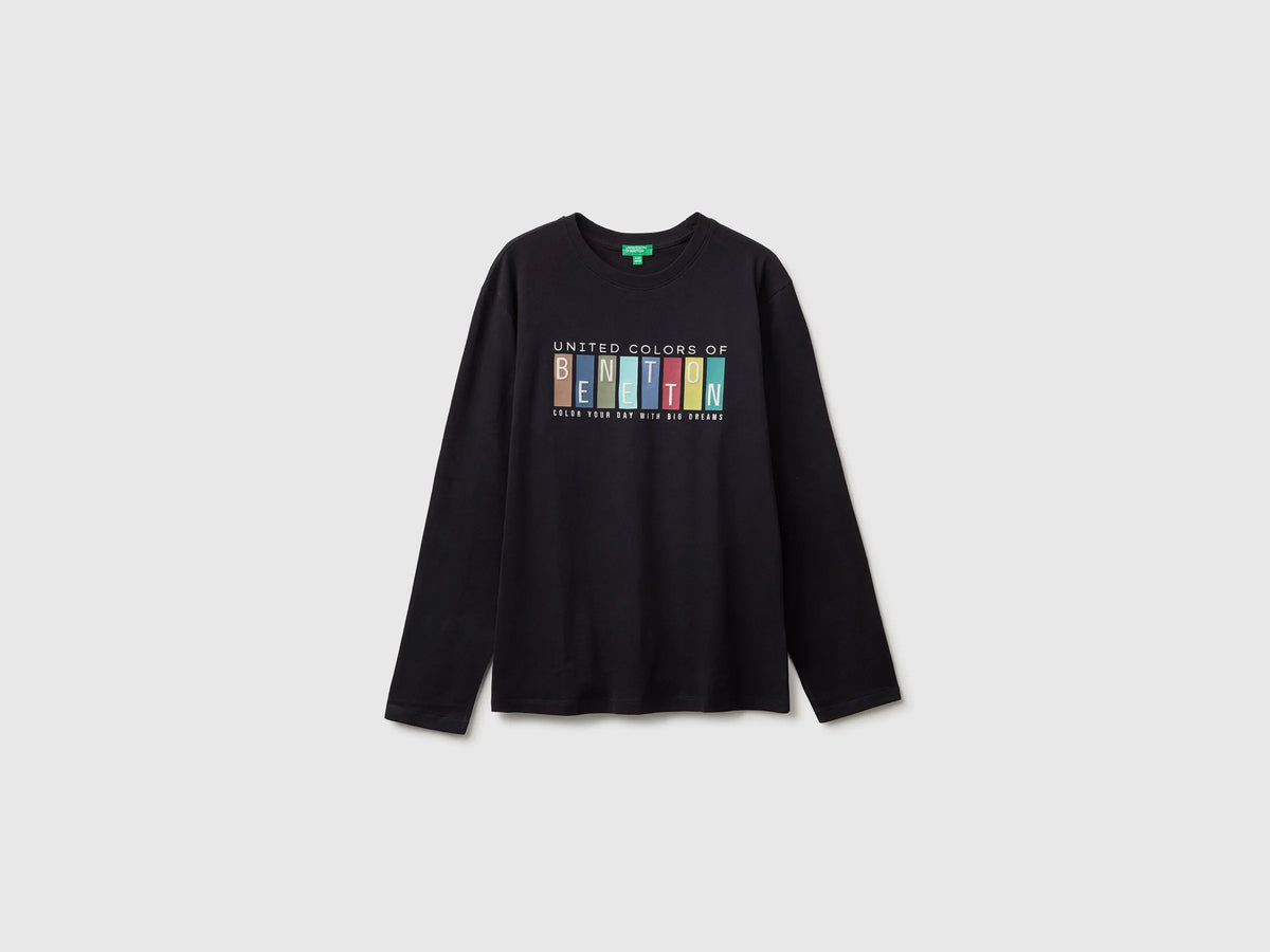 Benetton Black Boys T-Shirt with Print and Embroidery SKU: 3ATNC10UD_100 Image 01