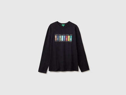 Benetton Black Boys T-Shirt with Print and Embroidery SKU: 3ATNC10UD_100 Image 01