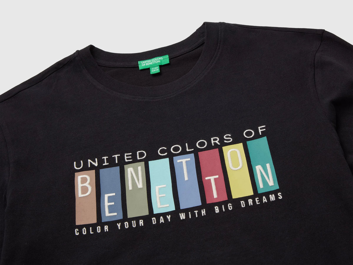 Benetton Black Boys T-Shirt with Print and Embroidery SKU: 3ATNC10UD_100 Image 03