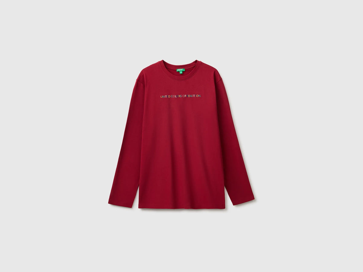 Benetton Burgundy Boys T-Shirt with Print and Embroidery SKU: 3ATNC10UD_21C Image 01