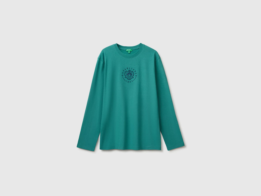 Benetton Dark Green Boys T-Shirt with Print and Embroidery SKU: 3ATNC10UD_285 Image 01
