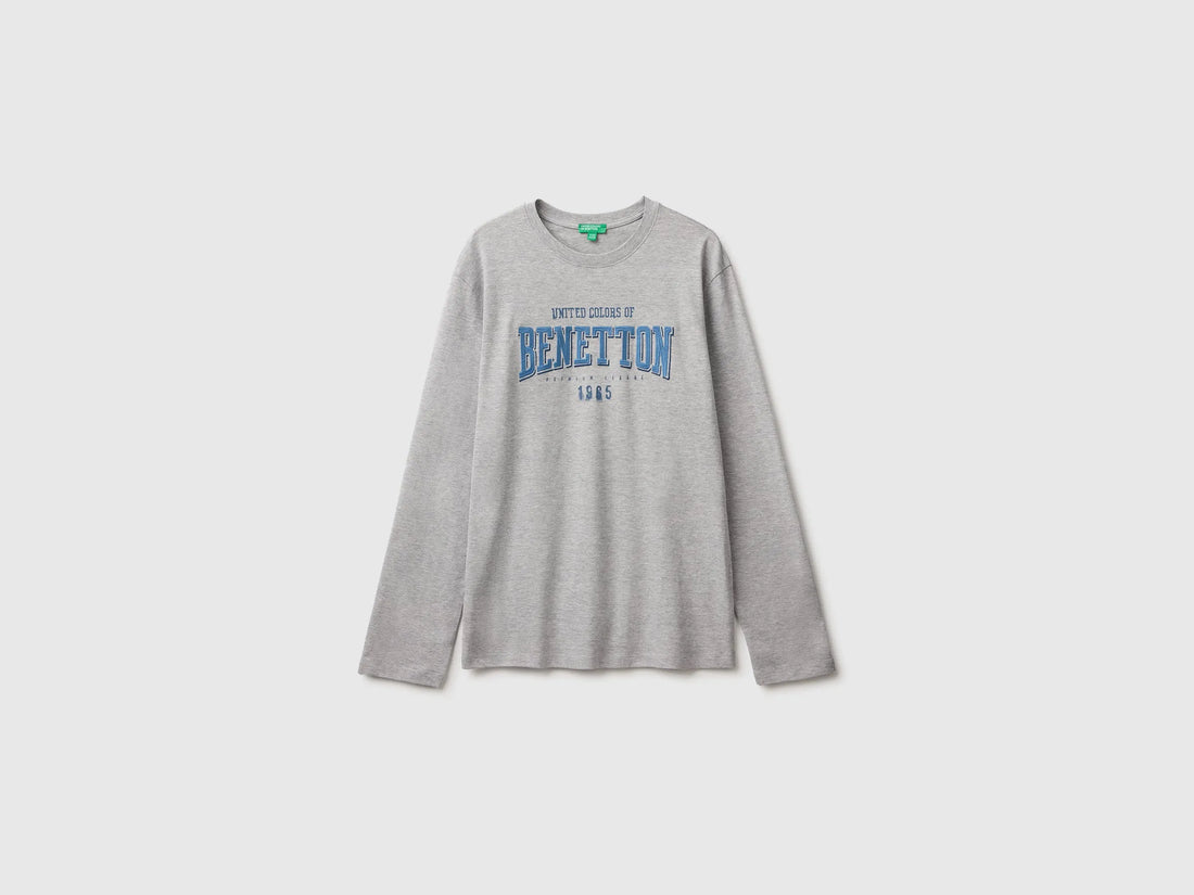 Benetton Light Gray Boys T-Shirt with Print and Embroidery SKU: 3ATNC10UD_501 Image 01