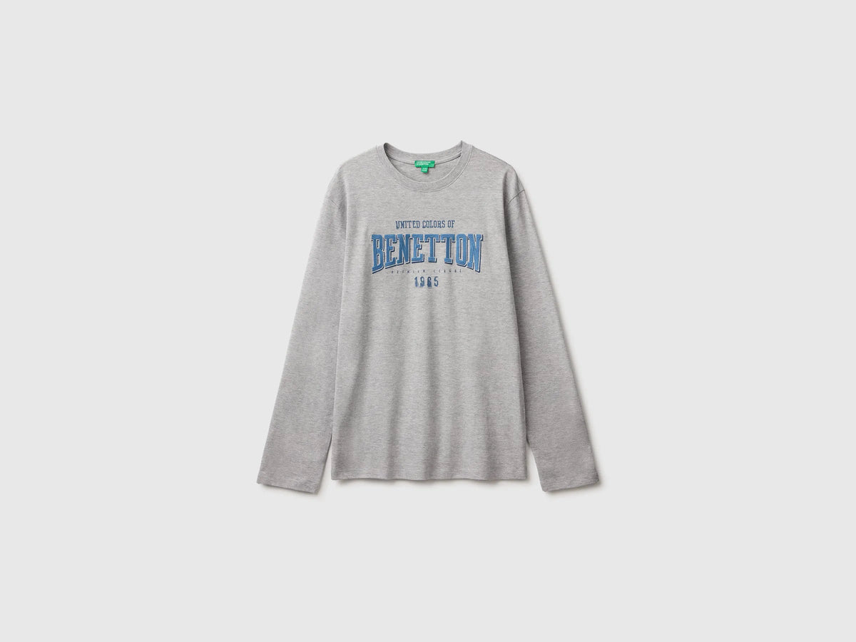Benetton Light Gray Boys T-Shirt with Print and Embroidery SKU: 3ATNC10UD_501 Image 01