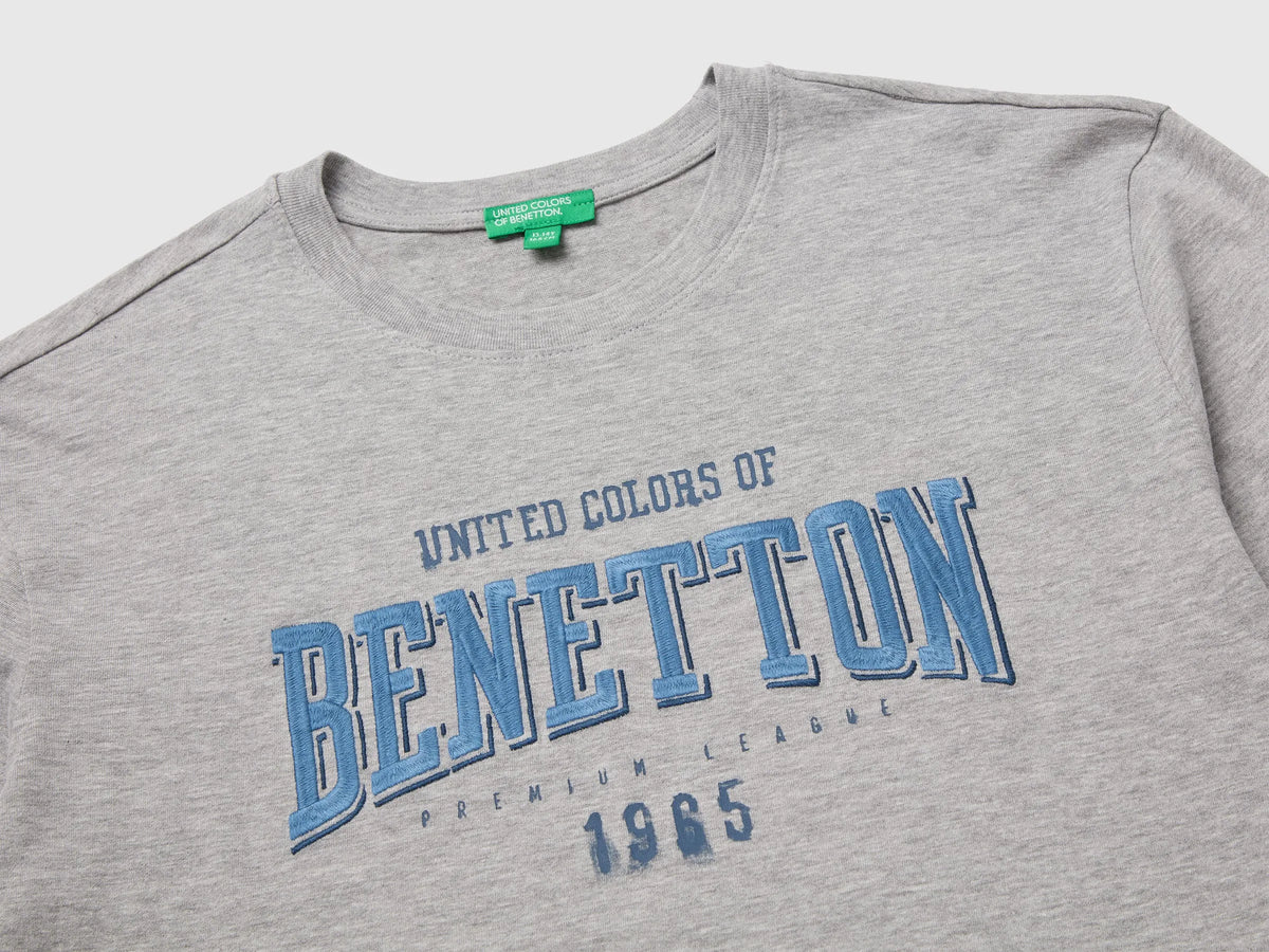 Benetton Light Gray Boys T-Shirt with Print and Embroidery SKU: 3ATNC10UD_501 Image 03