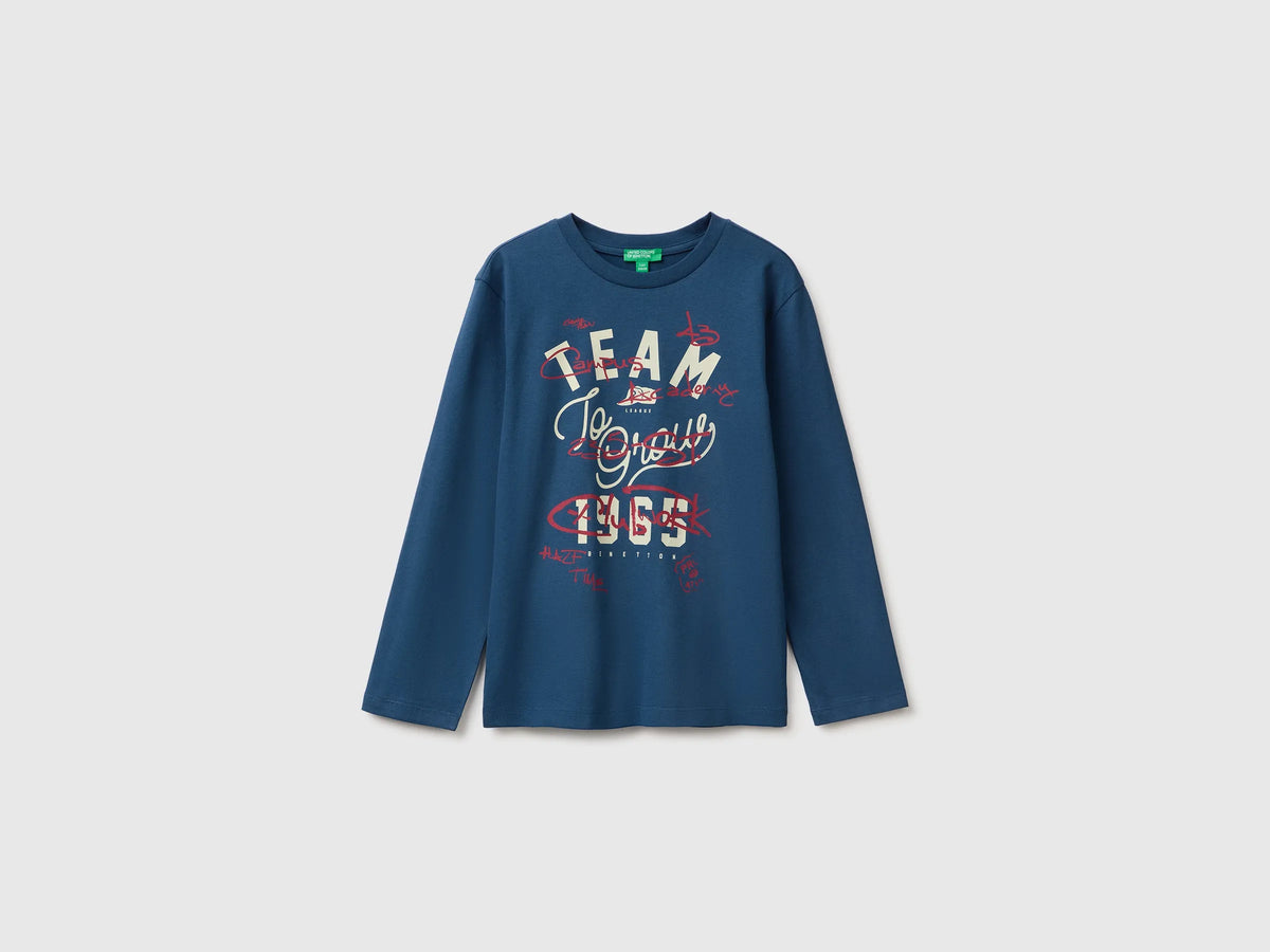 Benetton Dark Blue Boys 100% Organic Cotton Printed T-Shirt SKU: 3ATNC10UF_37T Image 01