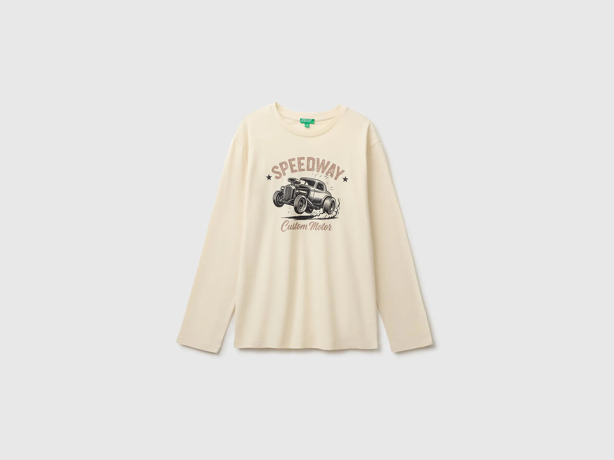 Benetton Creamy White Boys 100% Organic Cotton Printed T-Shirt SKU: 3ATNC10UF_3C9 Image 01