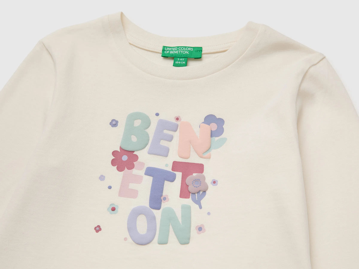 Benetton Creamy White Girls T-Shirt with Puffy Print SKU: 3ATNG10NI_0R2 Image 03