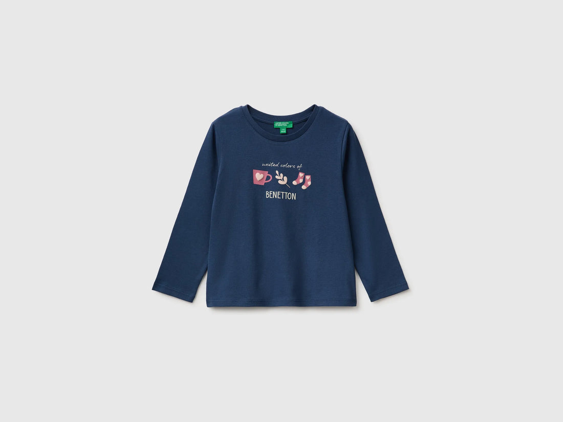 Benetton Blue Girls T-Shirt with Puffy Print SKU: 3ATNG10NI_355 Image 01