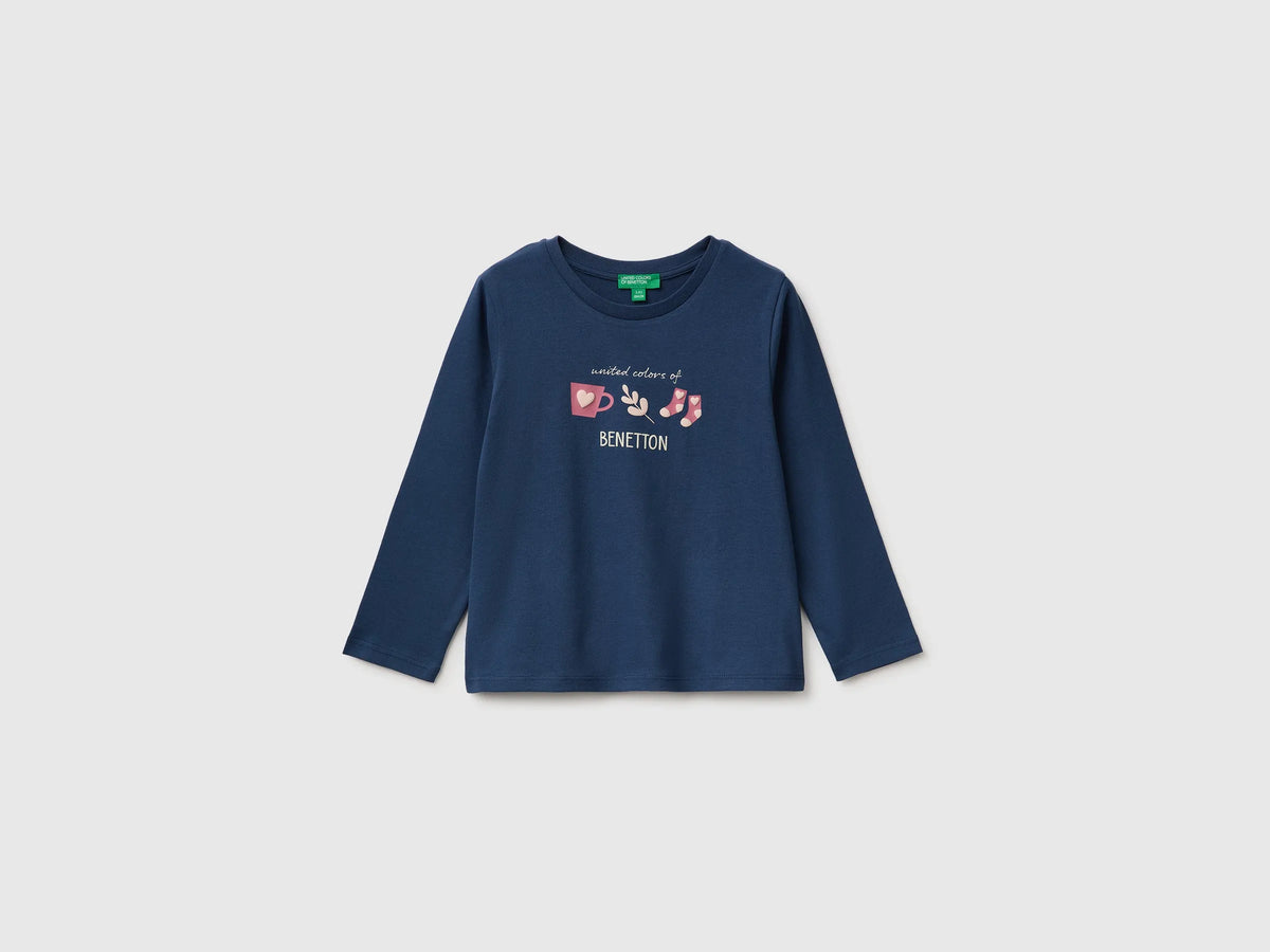 Benetton Blue Girls T-Shirt with Puffy Print SKU: 3ATNG10NI_355 Image 01