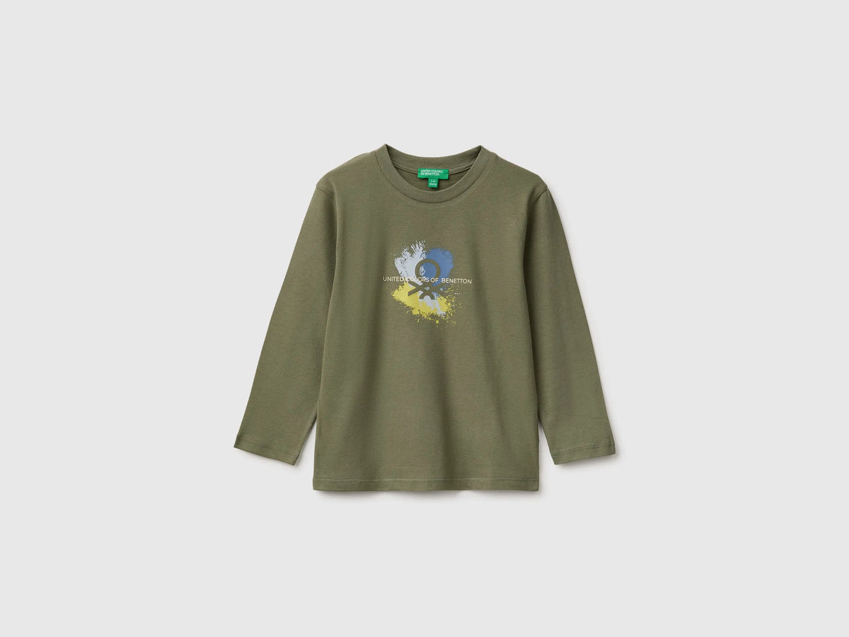 Benetton Military Green Boys Long-Sleeved T-Shirt with Print SKU: 3ATNG10NK_07N Image 01