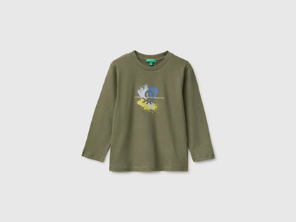 Benetton Military Green Boys Long-Sleeved T-Shirt with Print SKU: 3ATNG10NK_07N Image 01