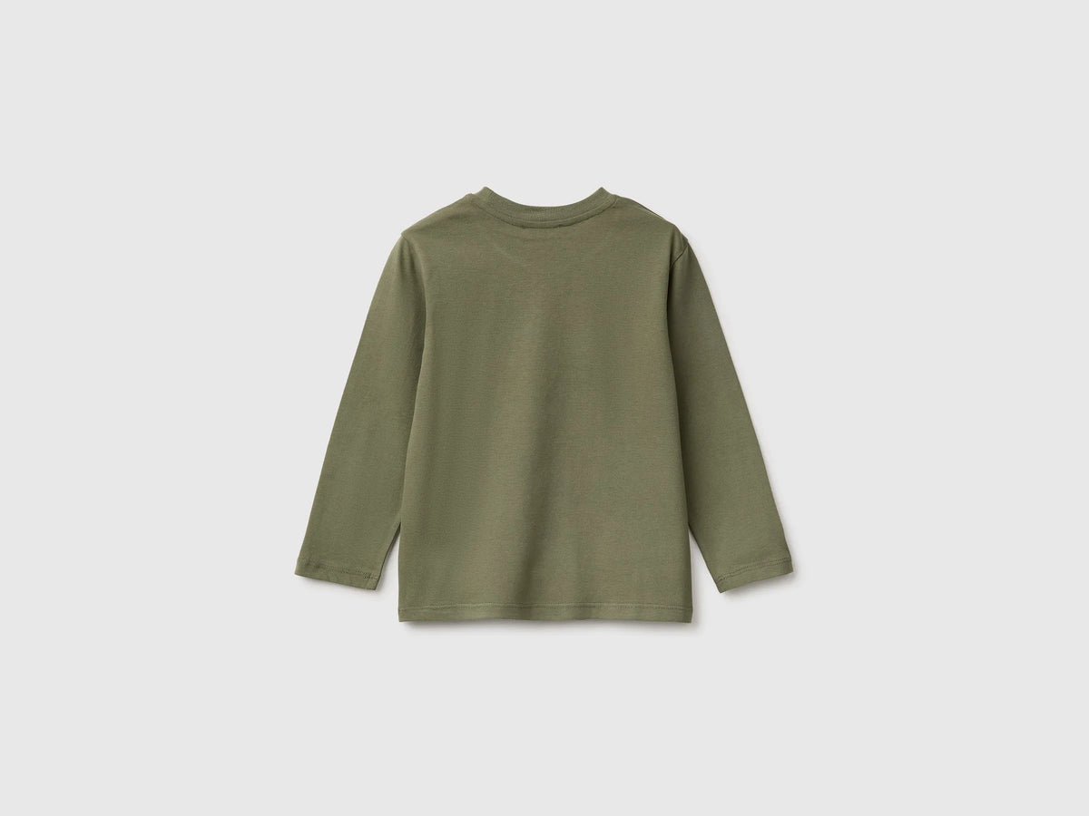 Benetton Military Green Boys Long-Sleeved T-Shirt with Print SKU: 3ATNG10NK_07N Image 02