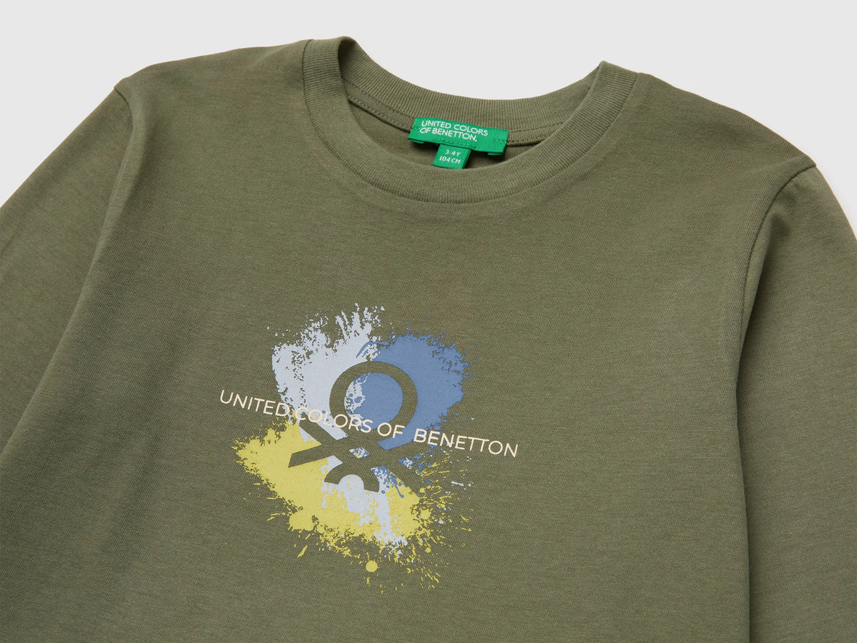 Benetton Military Green Boys Long-Sleeved T-Shirt with Print SKU: 3ATNG10NK_07N Image 03